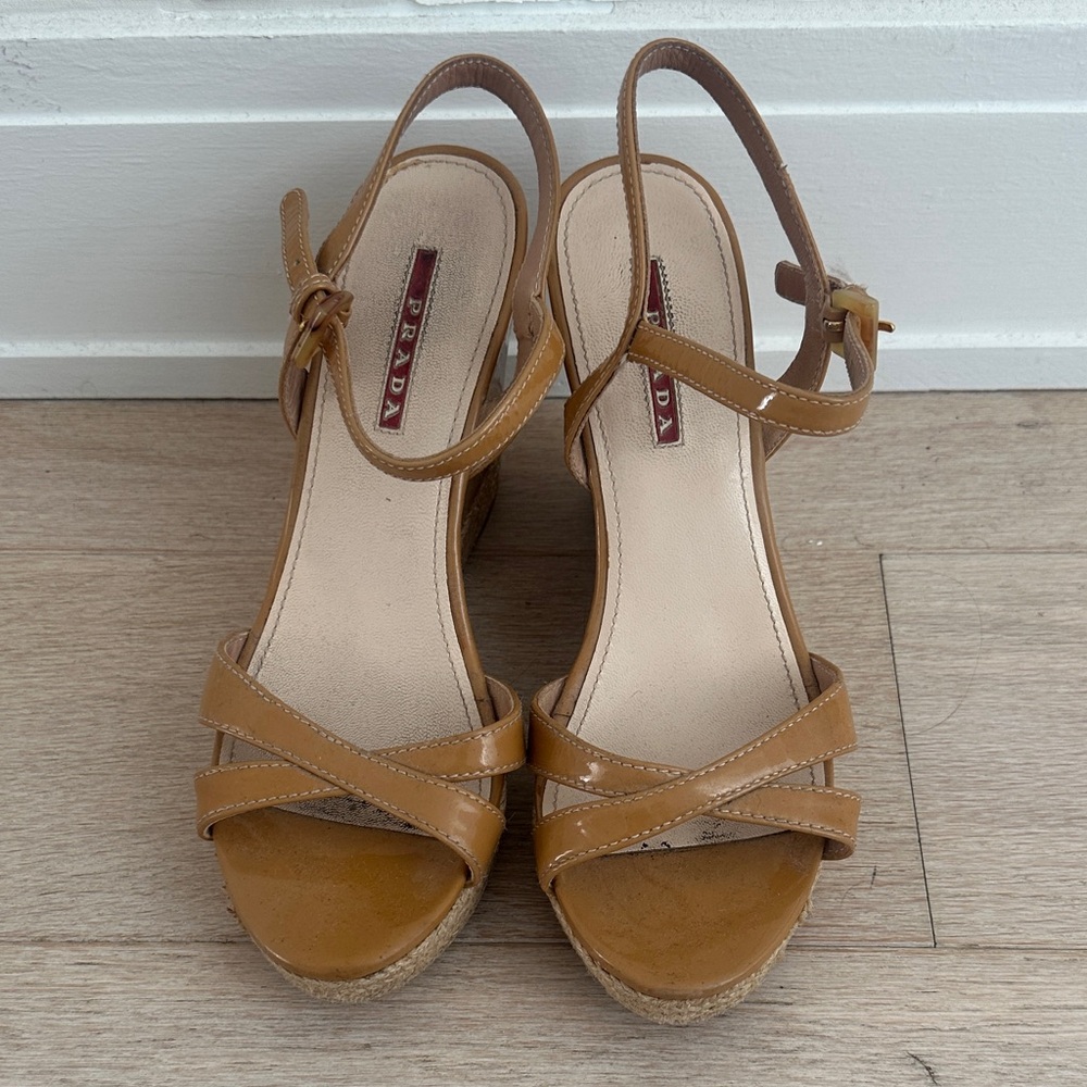 Prada Nude Patent Leather Wedge Sandals